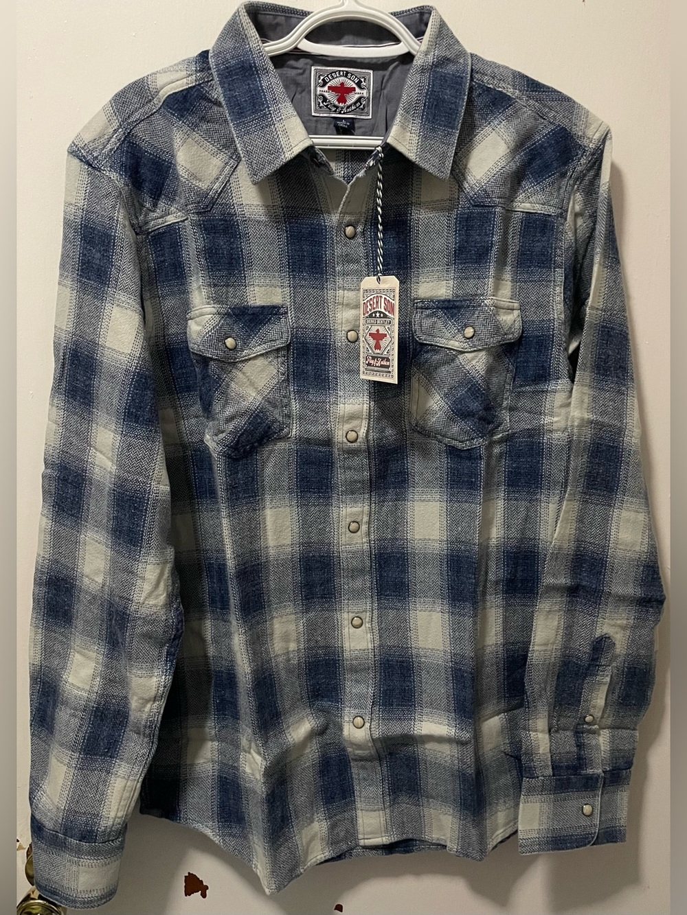 Flag & Anthem Desert Son Men’s Blue Cream Plaid Western Long Sleeve Shirt Large